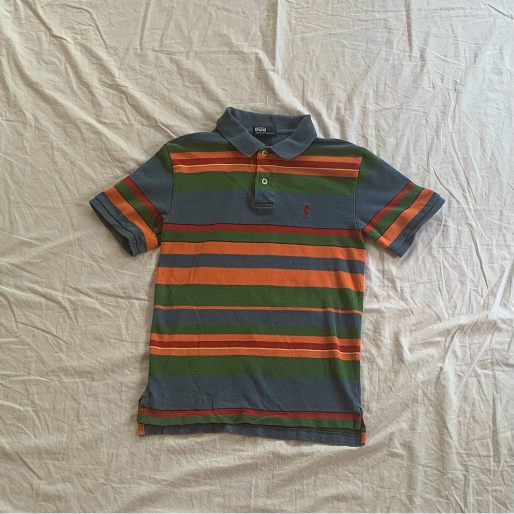 Boys blue/ green/ orange striped polo
